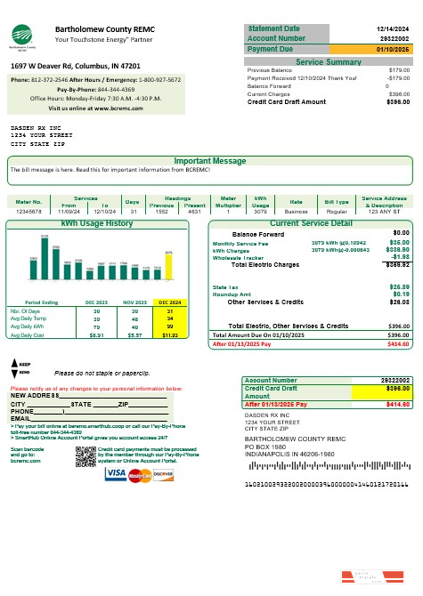 USA Indiana Bartholomew County REMC business utility bill template in Word and PDF formats